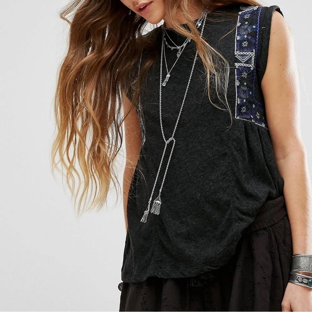 Free People Marcy Tank Charcoal Gray Blue Embroidered Details Boho Shirt Sz SM